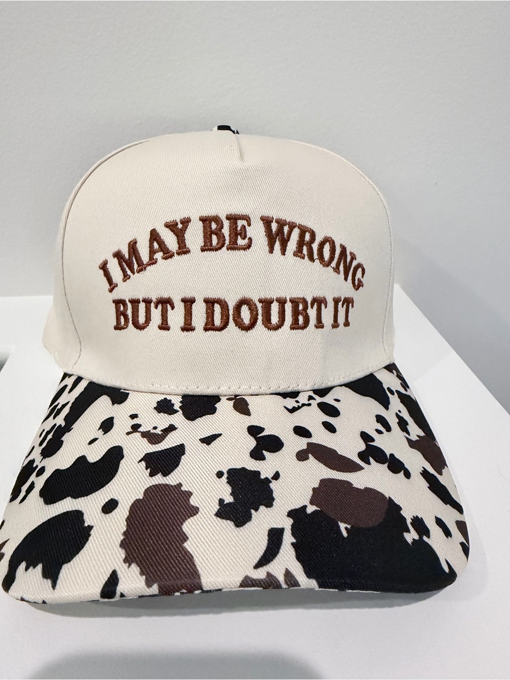 Zenana I May Be Wrong But I Doubt It Cream Cow-Print Brown Trucker Hat Cap